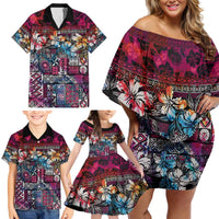 Pacific Hibiscus Tapa Tribal Vintage Family Matching Off Shoulder Short Dress and Hawaiian Shirt Pink Motif LT9 - Polynesian Pride
