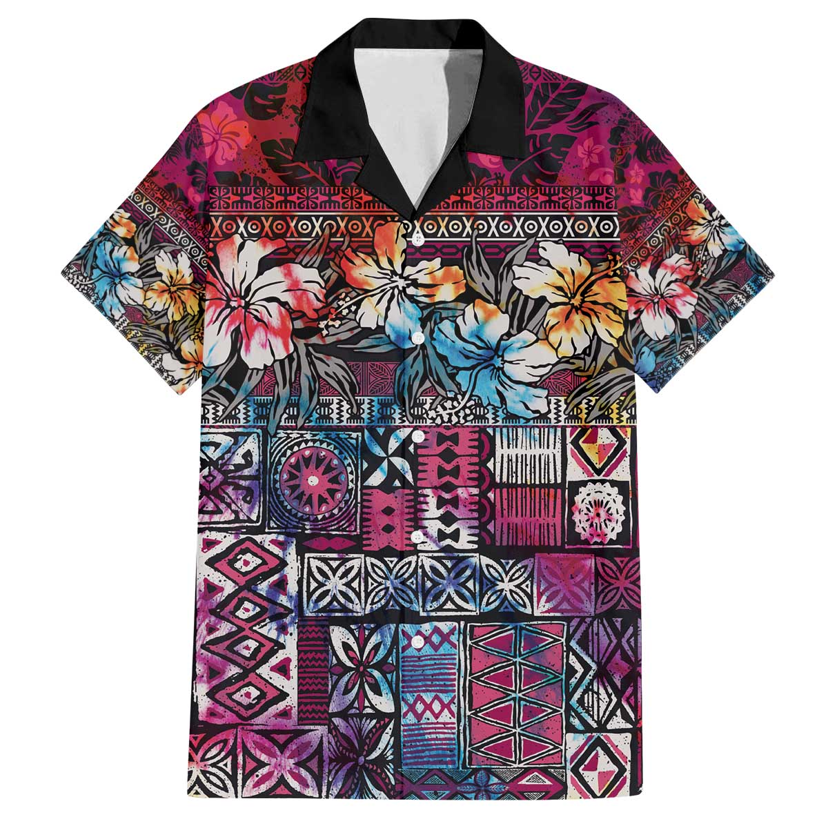 Pacific Hibiscus Tapa Tribal Vintage Family Matching Off Shoulder Short Dress and Hawaiian Shirt Pink Motif LT9 Dad's Shirt - Short Sleeve Pink - Polynesian Pride