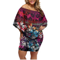 Pacific Hibiscus Tapa Tribal Vintage Family Matching Off Shoulder Short Dress and Hawaiian Shirt Pink Motif LT9 Mom's Dress Pink - Polynesian Pride
