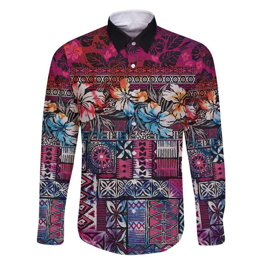 Pacific Hibiscus Tapa Tribal Vintage Family Matching Puletasi and Hawaiian Shirt Pink Motif LT9 Dad's Shirt - Long Sleeve Pink - Polynesian Pride