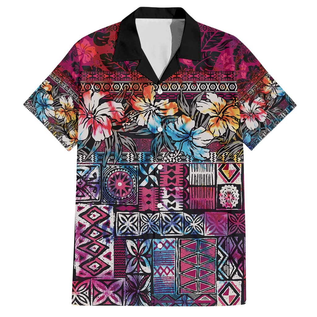 Pacific Hibiscus Tapa Tribal Vintage Family Matching Short Sleeve Bodycon Dress and Hawaiian Shirt Pink Motif LT9 Dad's Shirt - Short Sleeve Pink - Polynesian Pride