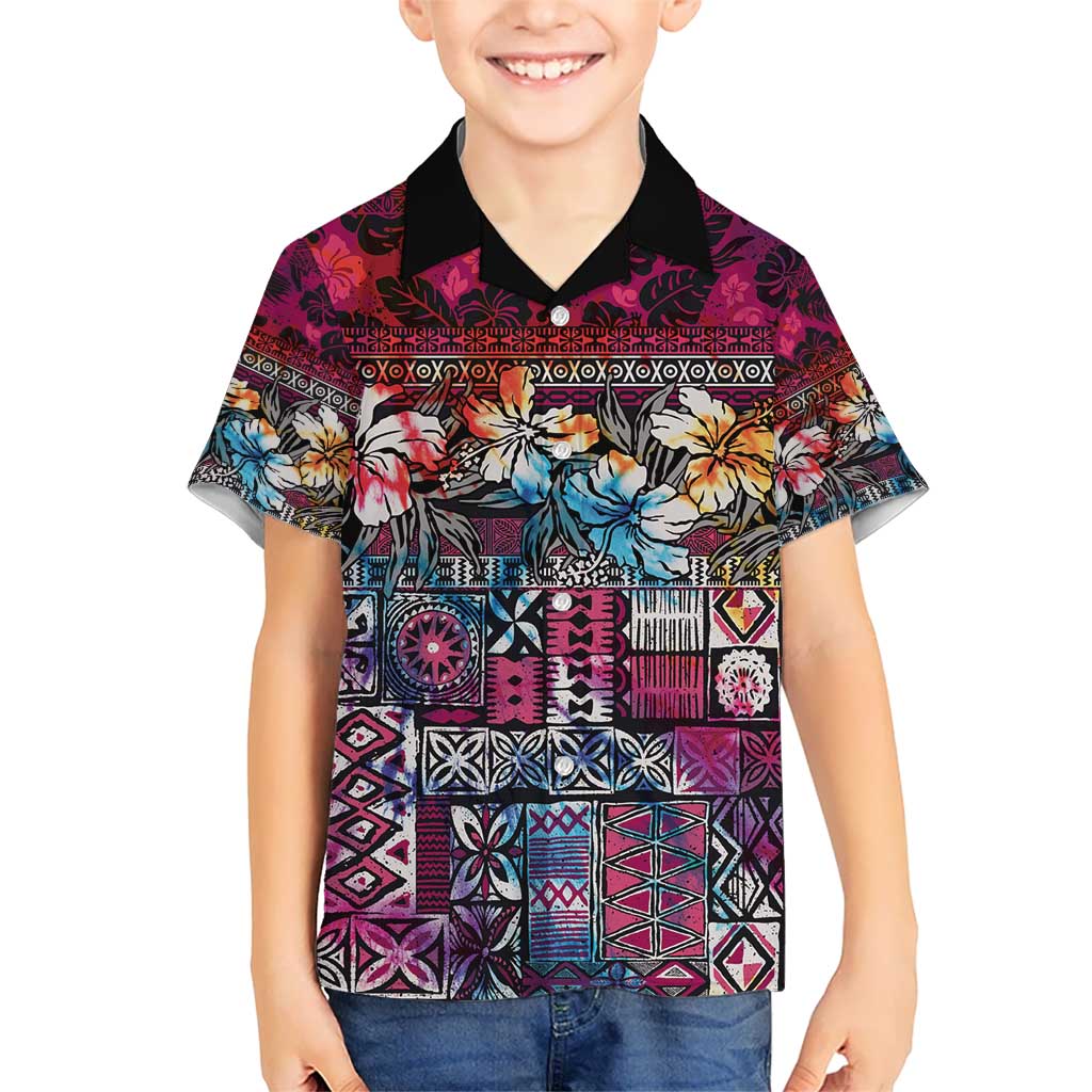 Pacific Hibiscus Tapa Tribal Vintage Kid Hawaiian Shirt Pink Motif LT9 Kid Pink - Polynesian Pride