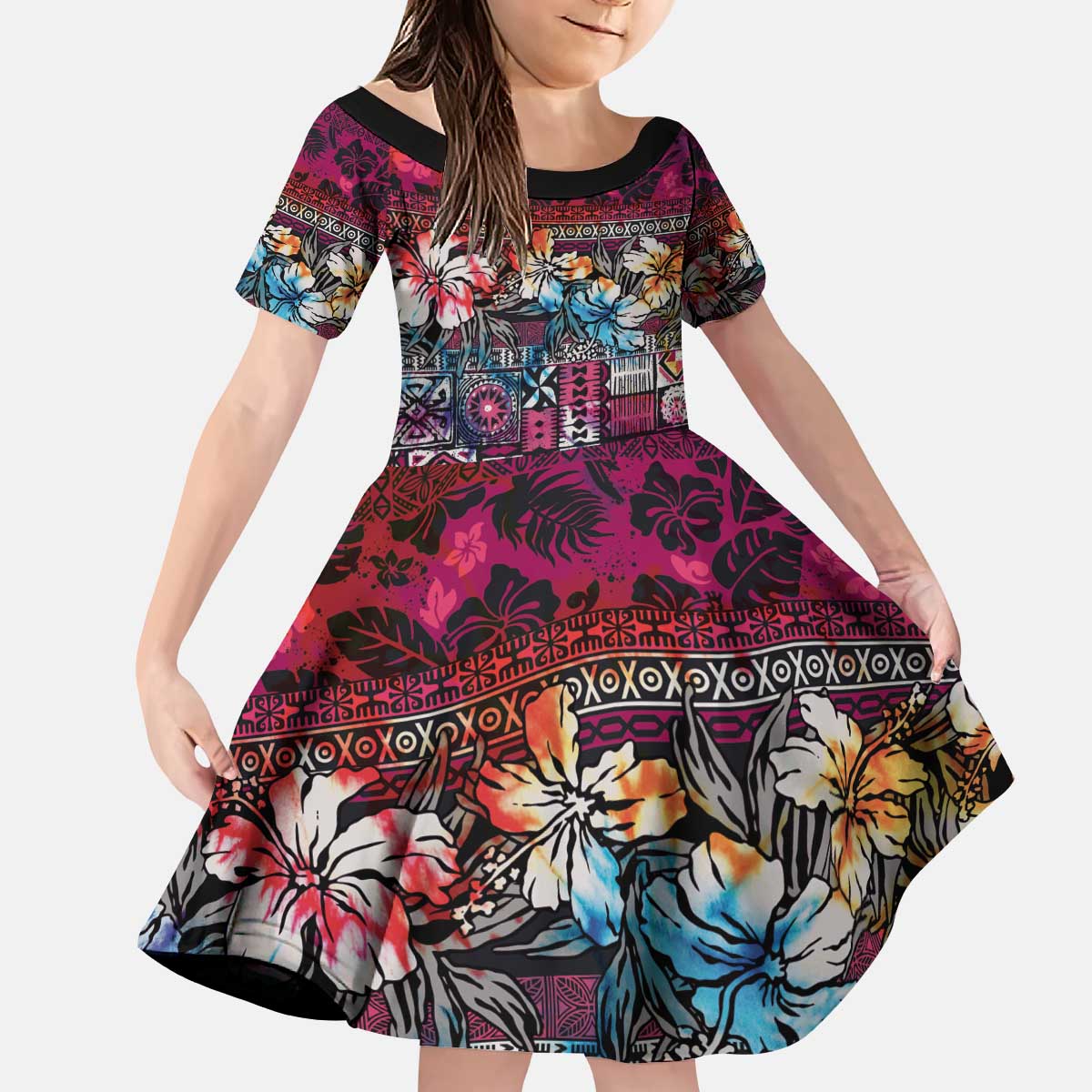 Pacific Hibiscus Tapa Tribal Vintage Kid Short Sleeve Dress Pink Motif