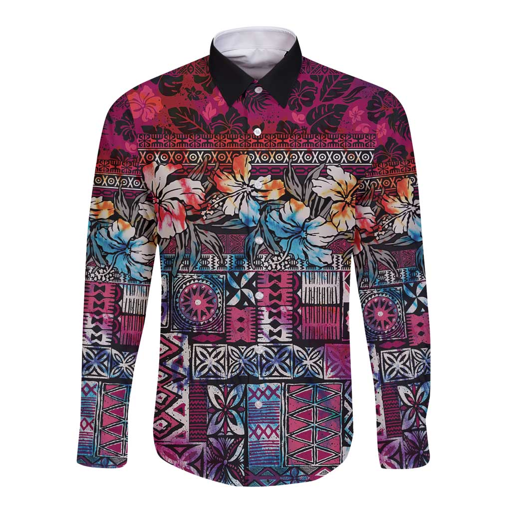 Pacific Hibiscus Tapa Tribal Vintage Long Sleeve Button Shirt Pink Motif LT9 Unisex Pink - Polynesian Pride