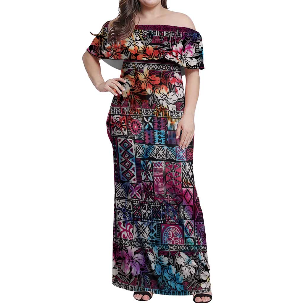 Pacific Hibiscus Tapa Tribal Vintage Off Shoulder Maxi Dress Pink Motif LT9 Women Pink - Polynesian Pride