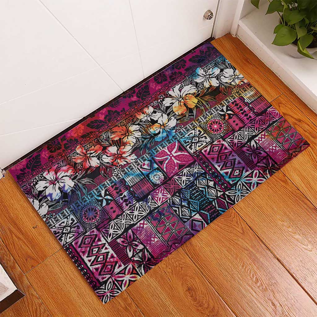 Pacific Hibiscus Tapa Tribal Vintage Rubber Doormat Pink Motif