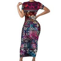 Pacific Hibiscus Tapa Tribal Vintage Short Sleeve Bodycon Dress Pink Motif LT9 Long Dress Pink - Polynesian Pride