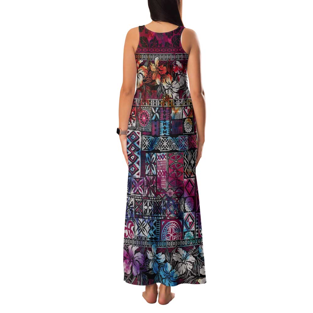 Pacific Hibiscus Tapa Tribal Vintage Tank Maxi Dress Pink Motif