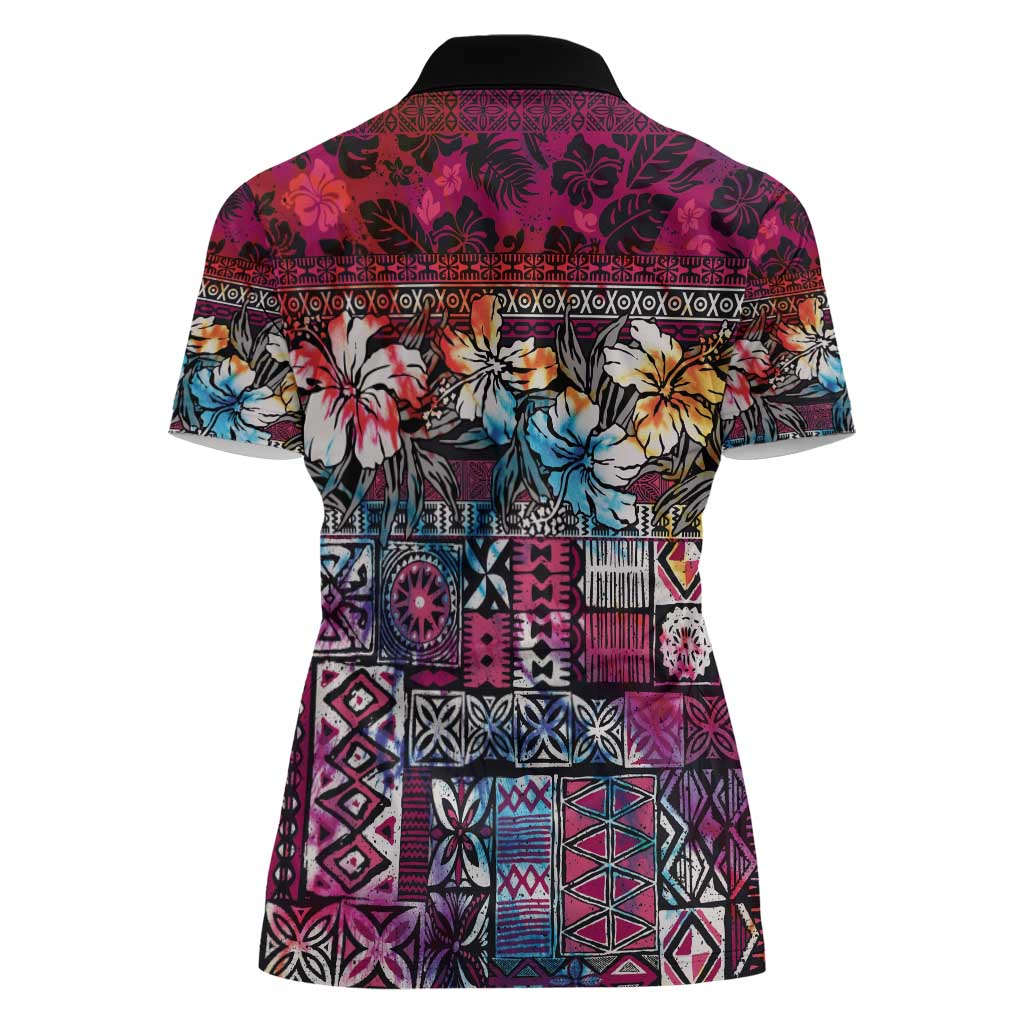 Pacific Hibiscus Tapa Tribal Vintage Women Polo Shirt Pink Motif