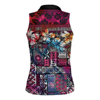 Pacific Hibiscus Tapa Tribal Vintage Women Sleeveless Polo Shirt Pink Motif LT9 - Polynesian Pride