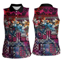 Pacific Hibiscus Tapa Tribal Vintage Women Sleeveless Polo Shirt Pink Motif LT9 - Polynesian Pride