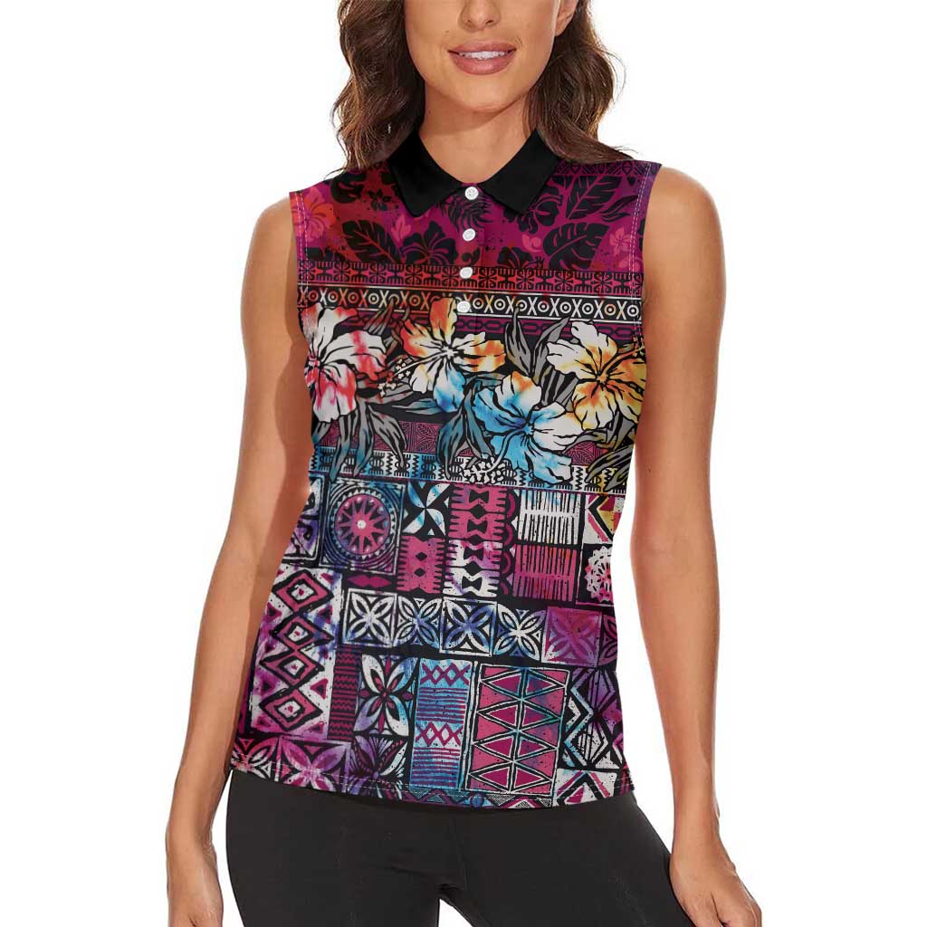 Pacific Hibiscus Tapa Tribal Vintage Women Sleeveless Polo Shirt Pink Motif LT9 - Polynesian Pride