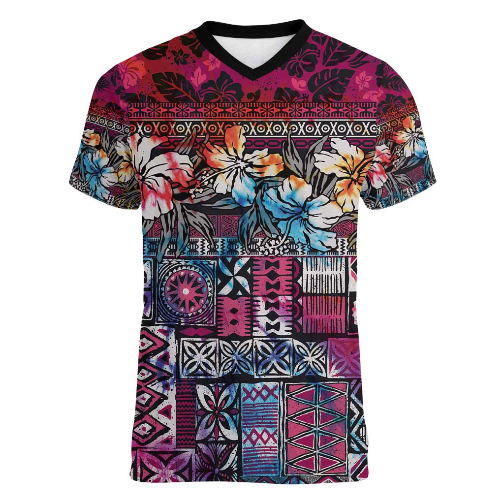 Pacific Hibiscus Tapa Tribal Vintage Women V-Neck T-Shirt Pink Motif LT9 Female Pink - Polynesian Pride