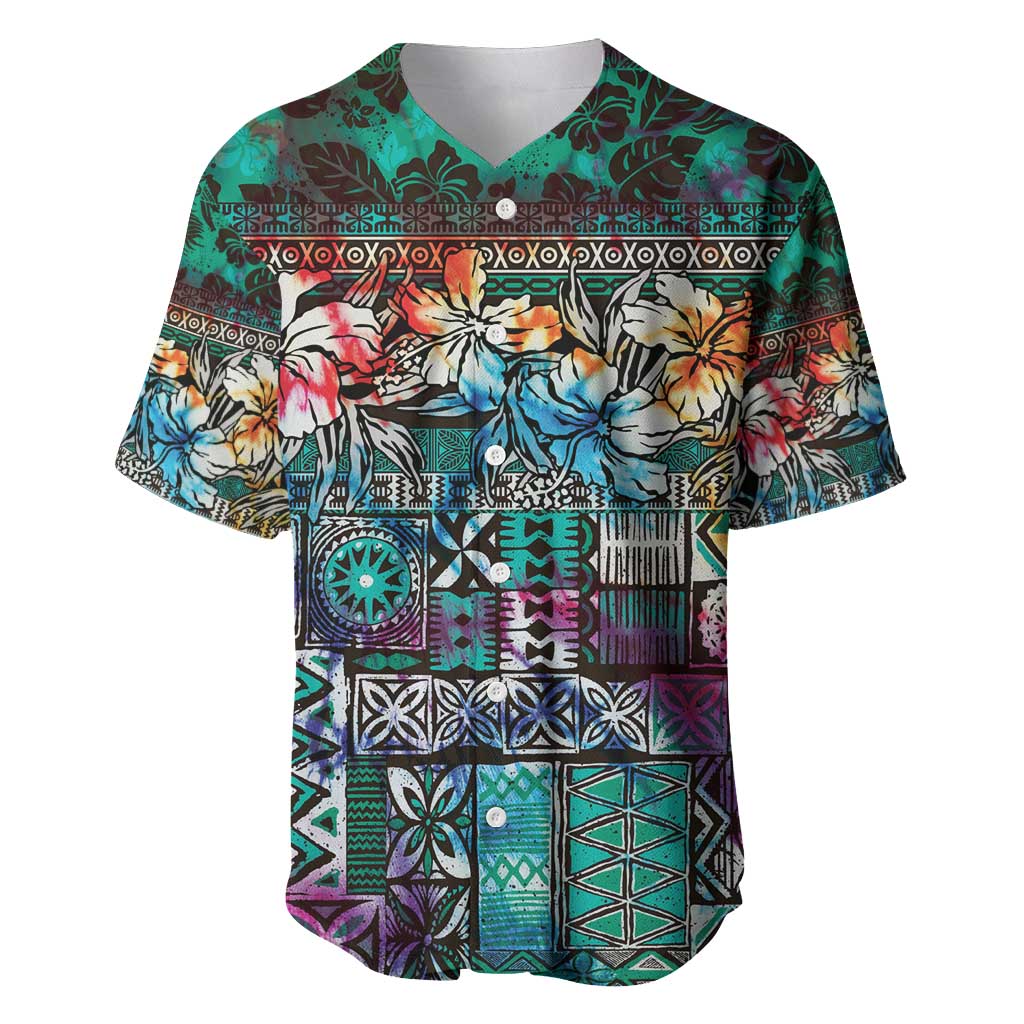 Pacific Hibiscus Tapa Tribal Vintage Baseball Jersey Turquoise Motif LT9 Turquoise - Polynesian Pride