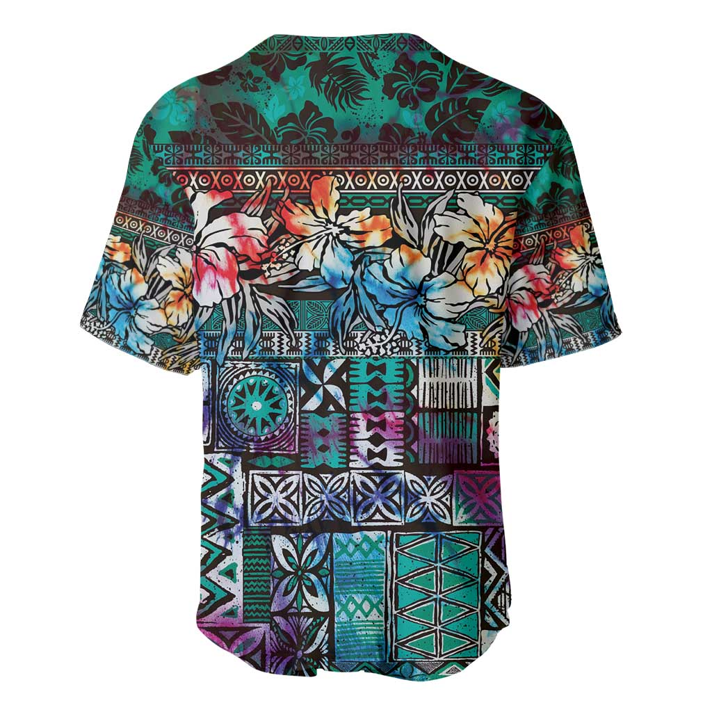 Pacific Hibiscus Tapa Tribal Vintage Baseball Jersey Turquoise Motif LT9 - Polynesian Pride