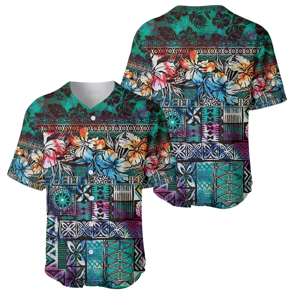 Pacific Hibiscus Tapa Tribal Vintage Baseball Jersey Turquoise Motif LT9 - Polynesian Pride
