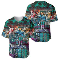 Pacific Hibiscus Tapa Tribal Vintage Baseball Jersey Turquoise Motif LT9 - Polynesian Pride
