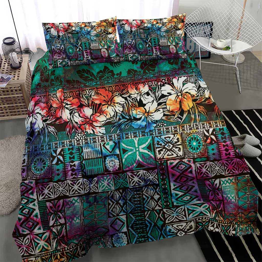 Pacific Hibiscus Tapa Tribal Vintage Bedding Set Turquoise Motif