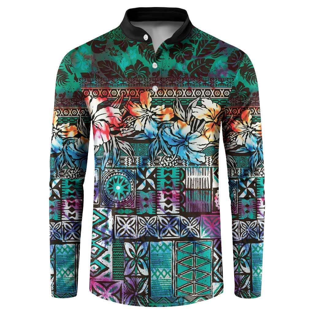 Pacific Hibiscus Tapa Tribal Vintage Button Sweatshirt Turquoise Motif