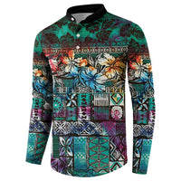 Pacific Hibiscus Tapa Tribal Vintage Button Sweatshirt Turquoise Motif