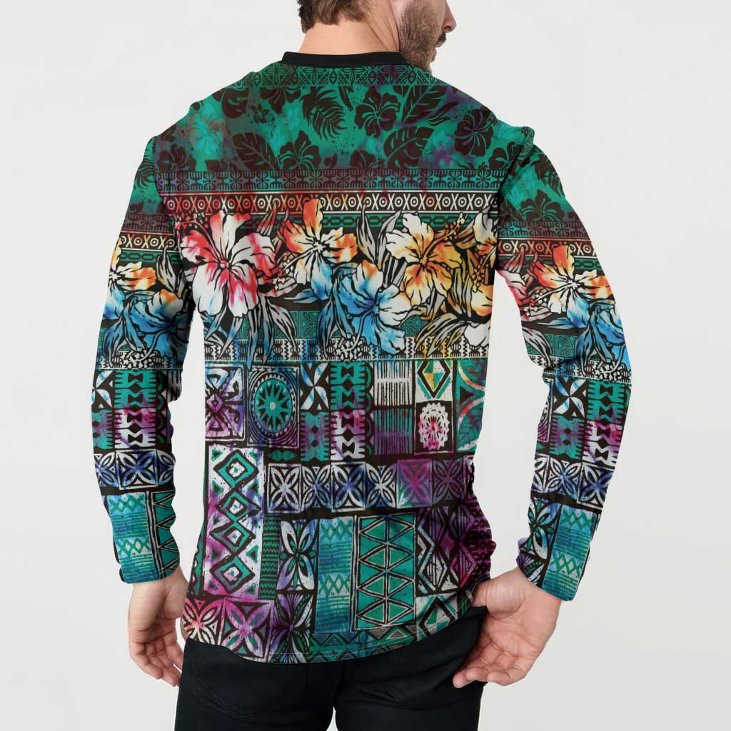 Pacific Hibiscus Tapa Tribal Vintage Button Sweatshirt Turquoise Motif