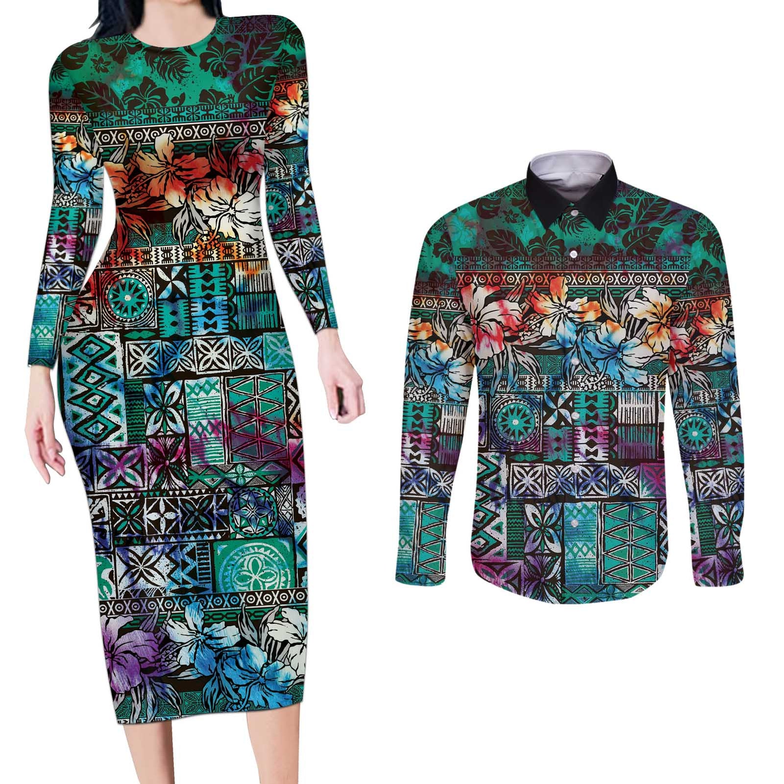 Pacific Hibiscus Tapa Tribal Vintage Couples Matching Long Sleeve Bodycon Dress and Long Sleeve Button Shirt Turquoise Motif