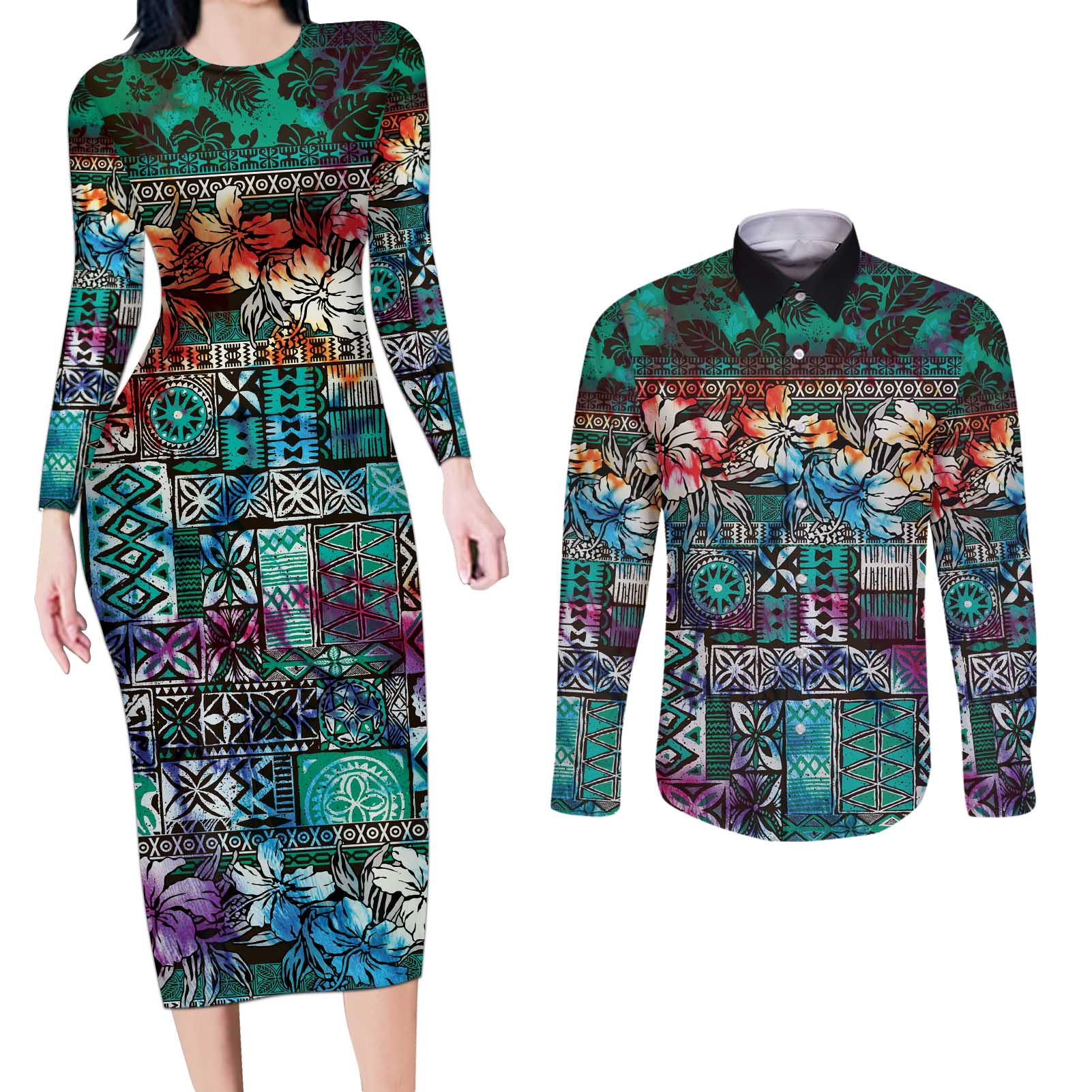 Pacific Hibiscus Tapa Tribal Vintage Couples Matching Long Sleeve Bodycon Dress and Long Sleeve Button Shirt Turquoise Motif