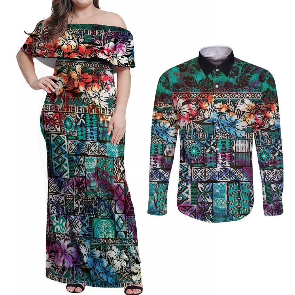 Pacific Hibiscus Tapa Tribal Vintage Couples Matching Off Shoulder Maxi Dress and Long Sleeve Button Shirt Turquoise Motif