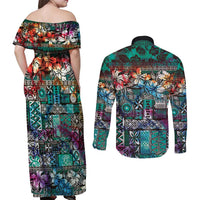 Pacific Hibiscus Tapa Tribal Vintage Couples Matching Off Shoulder Maxi Dress and Long Sleeve Button Shirt Turquoise Motif