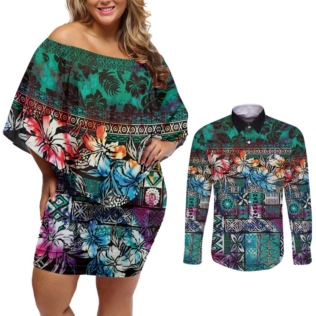Pacific Hibiscus Tapa Tribal Vintage Couples Matching Off Shoulder Short Dress and Long Sleeve Button Shirt Turquoise Motif