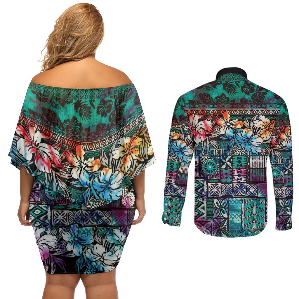 Pacific Hibiscus Tapa Tribal Vintage Couples Matching Off Shoulder Short Dress and Long Sleeve Button Shirt Turquoise Motif