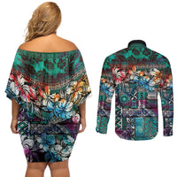 Pacific Hibiscus Tapa Tribal Vintage Couples Matching Off Shoulder Short Dress and Long Sleeve Button Shirt Turquoise Motif