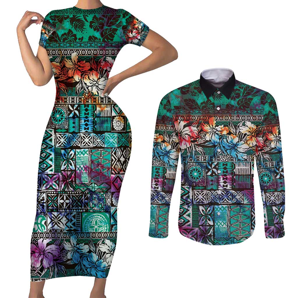 Pacific Hibiscus Tapa Tribal Vintage Couples Matching Short Sleeve Bodycon Dress and Long Sleeve Button Shirt Turquoise Motif