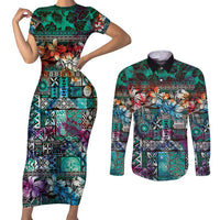 Pacific Hibiscus Tapa Tribal Vintage Couples Matching Short Sleeve Bodycon Dress and Long Sleeve Button Shirt Turquoise Motif