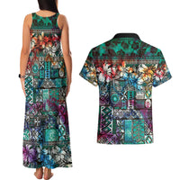 Pacific Hibiscus Tapa Tribal Vintage Couples Matching Tank Maxi Dress and Hawaiian Shirt Turquoise Motif