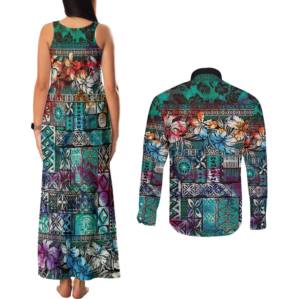 Pacific Hibiscus Tapa Tribal Vintage Couples Matching Tank Maxi Dress and Long Sleeve Button Shirt Turquoise Motif