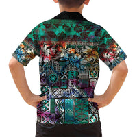 Pacific Hibiscus Tapa Tribal Vintage Family Matching Long Sleeve Bodycon Dress and Hawaiian Shirt Turquoise Motif LT9 - Polynesian Pride
