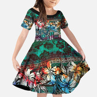 Pacific Hibiscus Tapa Tribal Vintage Family Matching Long Sleeve Bodycon Dress and Hawaiian Shirt Turquoise Motif LT9 Daughter's Dress Turquoise - Polynesian Pride
