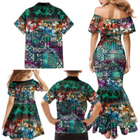 Pacific Hibiscus Tapa Tribal Vintage Family Matching Mermaid Dress and Hawaiian Shirt Turquoise Motif LT9 - Polynesian Pride