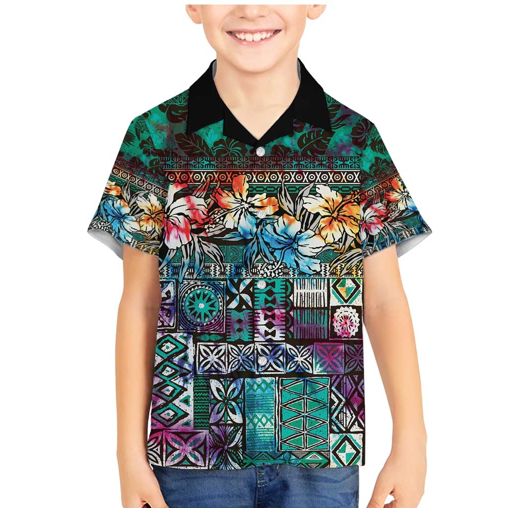 Pacific Hibiscus Tapa Tribal Vintage Family Matching Mermaid Dress and Hawaiian Shirt Turquoise Motif LT9 Son's Shirt Turquoise - Polynesian Pride