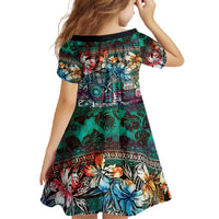 Pacific Hibiscus Tapa Tribal Vintage Family Matching Off The Shoulder Long Sleeve Dress and Hawaiian Shirt Turquoise Motif
