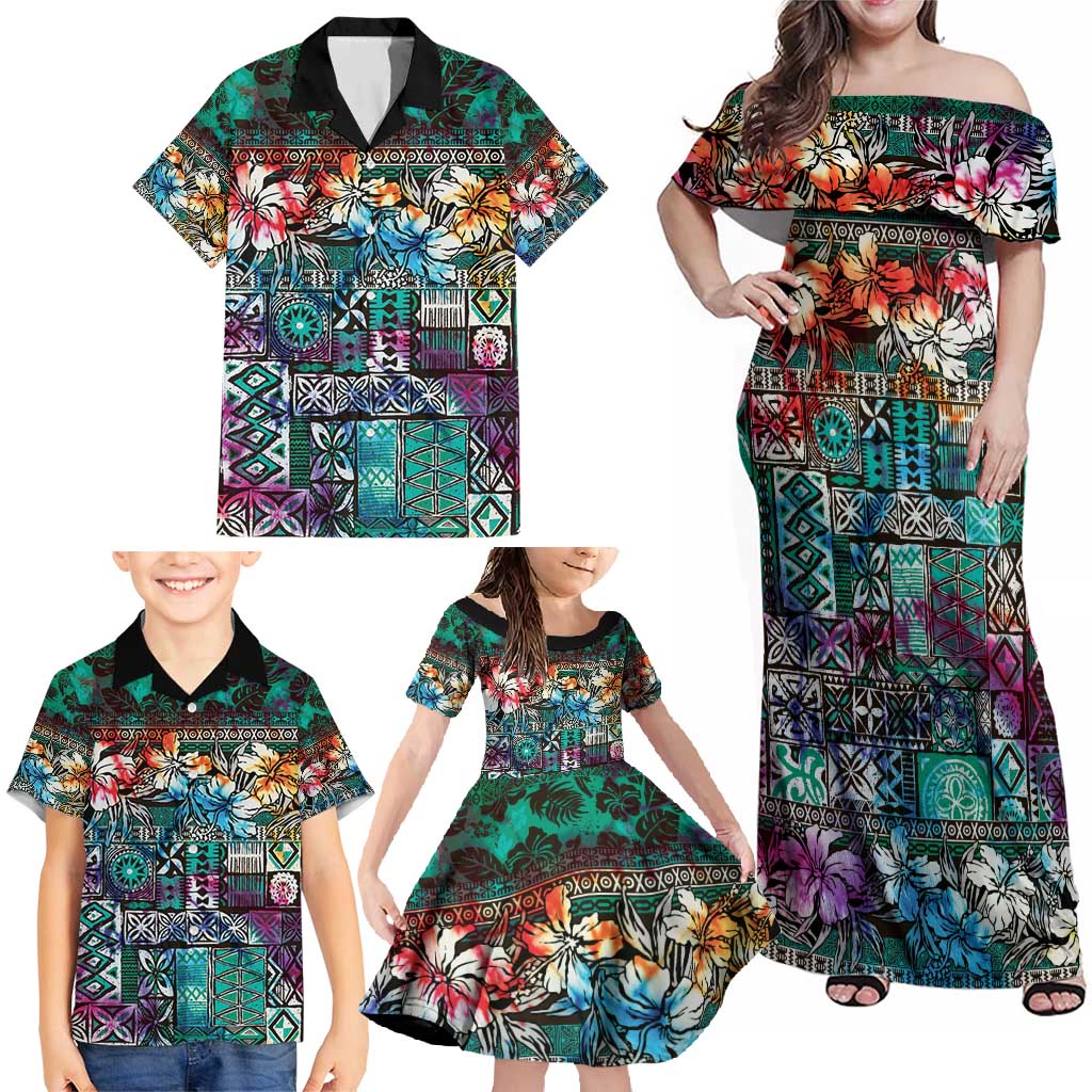 Pacific Hibiscus Tapa Tribal Vintage Family Matching Off Shoulder Maxi Dress and Hawaiian Shirt Turquoise Motif LT9 - Polynesian Pride