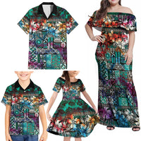 Pacific Hibiscus Tapa Tribal Vintage Family Matching Off Shoulder Maxi Dress and Hawaiian Shirt Turquoise Motif LT9 - Polynesian Pride