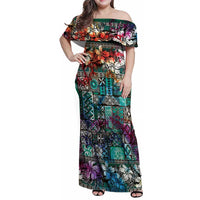 Pacific Hibiscus Tapa Tribal Vintage Family Matching Off Shoulder Maxi Dress and Hawaiian Shirt Turquoise Motif LT9 Mom's Dress Turquoise - Polynesian Pride