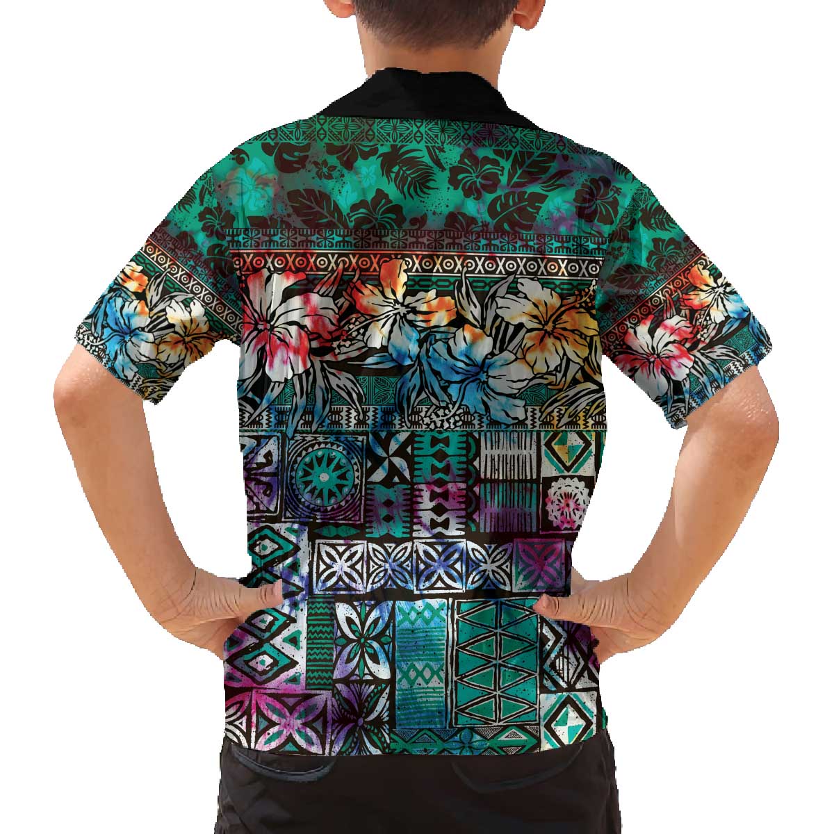 Pacific Hibiscus Tapa Tribal Vintage Family Matching Off Shoulder Short Dress and Hawaiian Shirt Turquoise Motif LT9 - Polynesian Pride