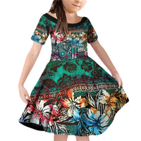 Pacific Hibiscus Tapa Tribal Vintage Family Matching Off Shoulder Short Dress and Hawaiian Shirt Turquoise Motif LT9 Daughter's Dress Turquoise - Polynesian Pride