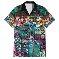 Pacific Hibiscus Tapa Tribal Vintage Family Matching Off Shoulder Short Dress and Hawaiian Shirt Turquoise Motif LT9 Dad's Shirt - Short Sleeve Turquoise - Polynesian Pride