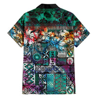 Pacific Hibiscus Tapa Tribal Vintage Family Matching Off Shoulder Short Dress and Hawaiian Shirt Turquoise Motif LT9 - Polynesian Pride