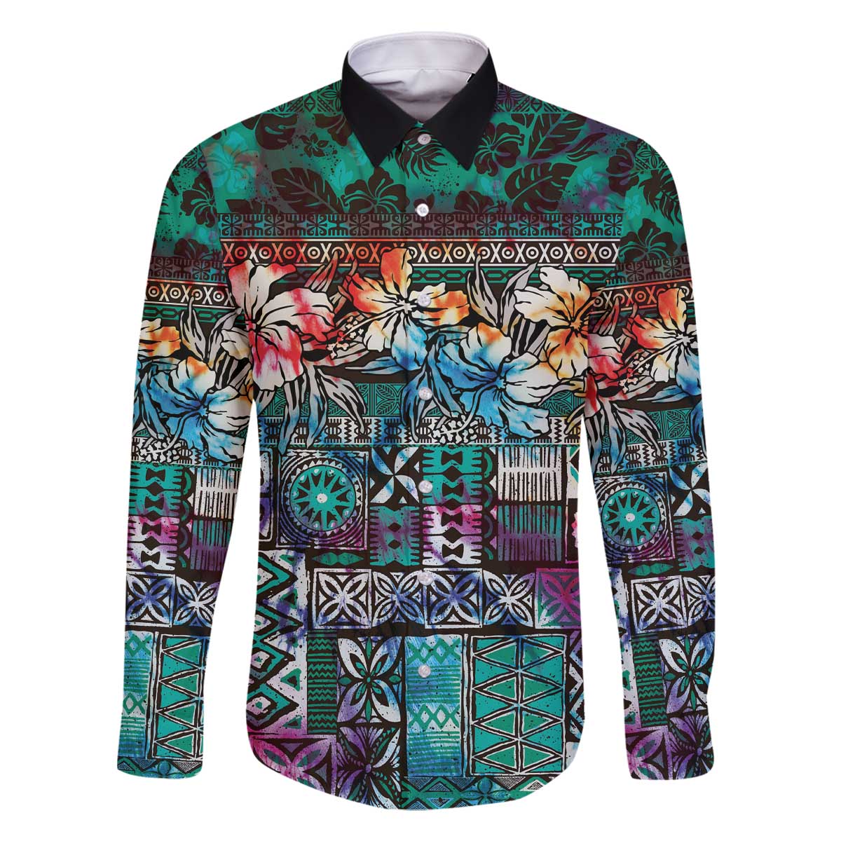 Pacific Hibiscus Tapa Tribal Vintage Family Matching Off Shoulder Short Dress and Hawaiian Shirt Turquoise Motif LT9 Dad's Shirt - Long Sleeve Turquoise - Polynesian Pride