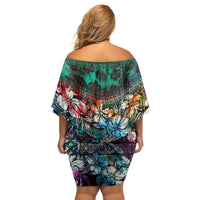 Pacific Hibiscus Tapa Tribal Vintage Family Matching Off Shoulder Short Dress and Hawaiian Shirt Turquoise Motif LT9 - Polynesian Pride